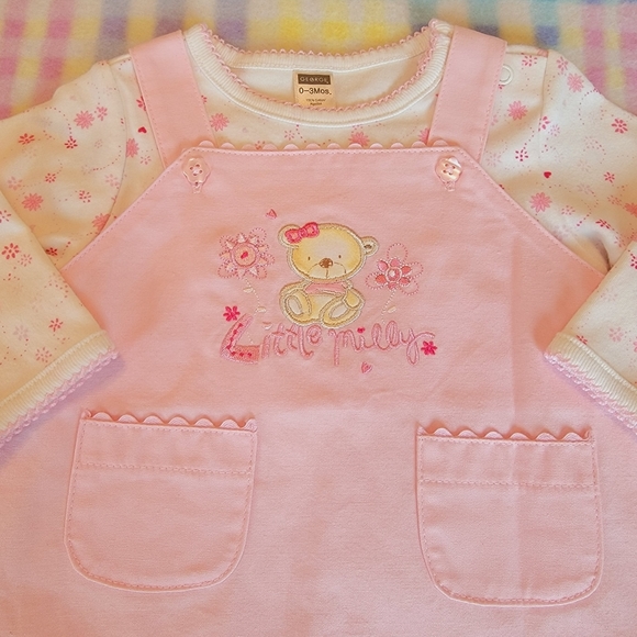 GEORGE ♡ Precious Pink 2pc Embroidered LITTLE MILLY Overalls 'n L|S Onesie 0-3M - Picture 7 of 16